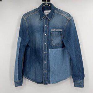 Calvin Klein Jeans Logo Patch Silver Snap Buttons Utility Shirt Women's S